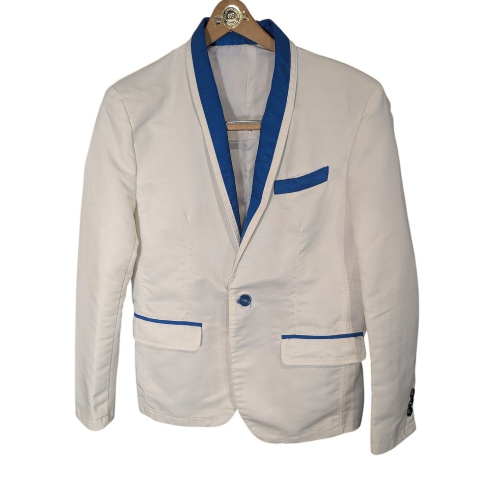 Barabas Mens White Blazer Blue Trim Shawl Lapel Single Button Sport Coat Small
